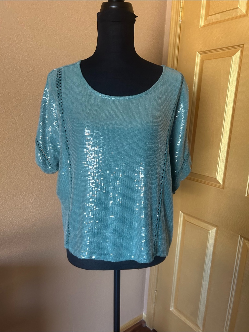 Belle France Teal Sequin Short Sleeve Top